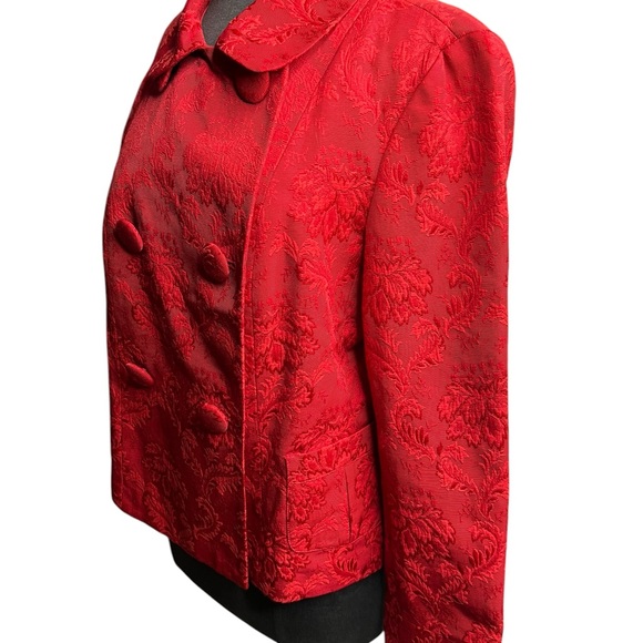Talbots Jacket Pea Coat Large Red Floral Brocade Double Breasted Fully Lined - Picture 11 of 16